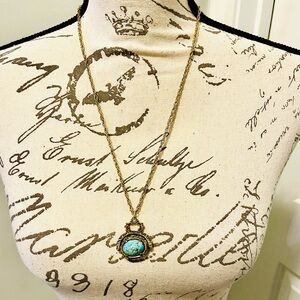 Vintage Unsigned Goldette Victorian Spinner Fob Necklace Faux Turquoise